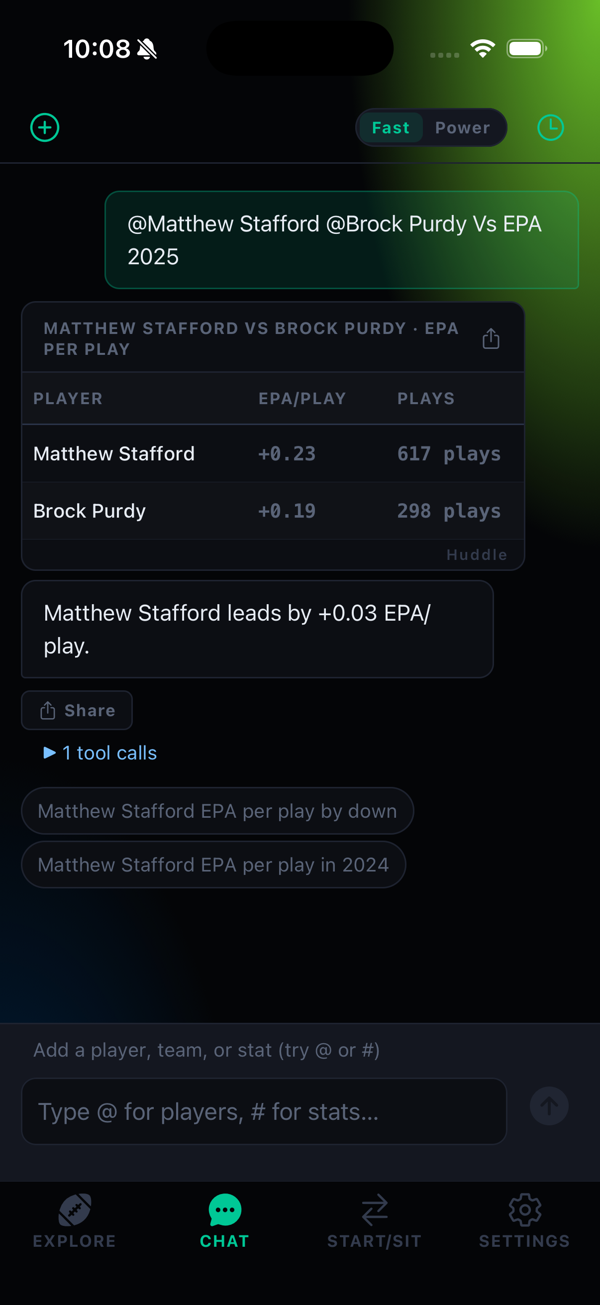 Chat result comparing Matthew Stafford and Brock Purdy by EPA per play, with a data table and a one-line answer